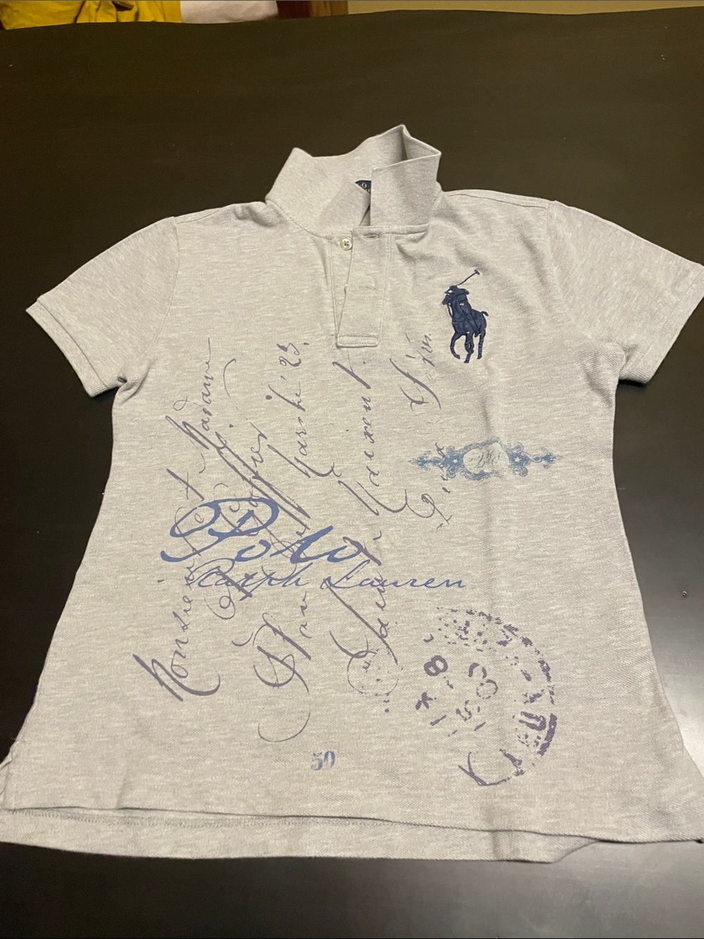 Polo Ralph Lauren Light Gray with Navy Script & Pony Motif Collard  T Shirt